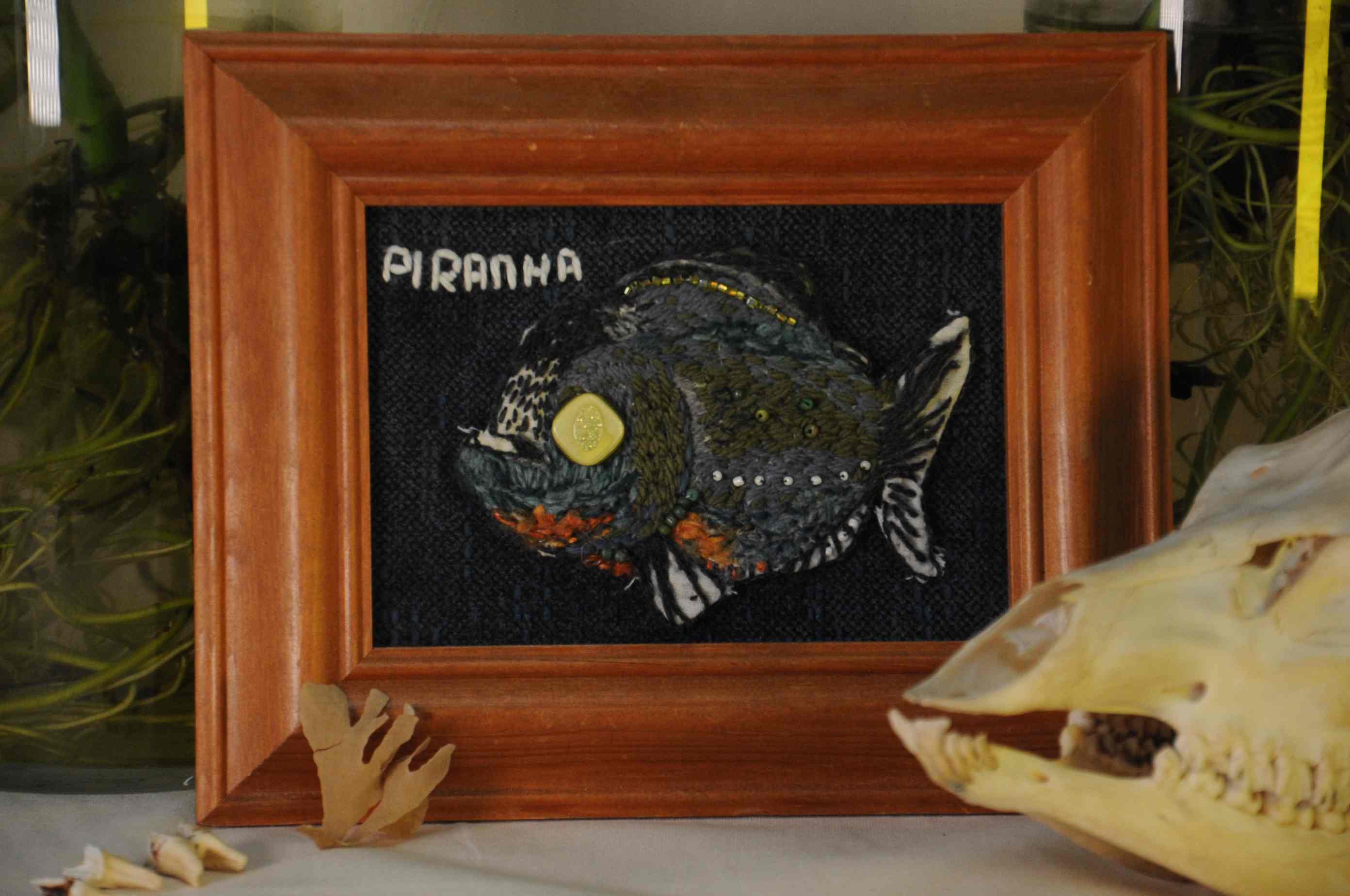 framed embroidery piranha