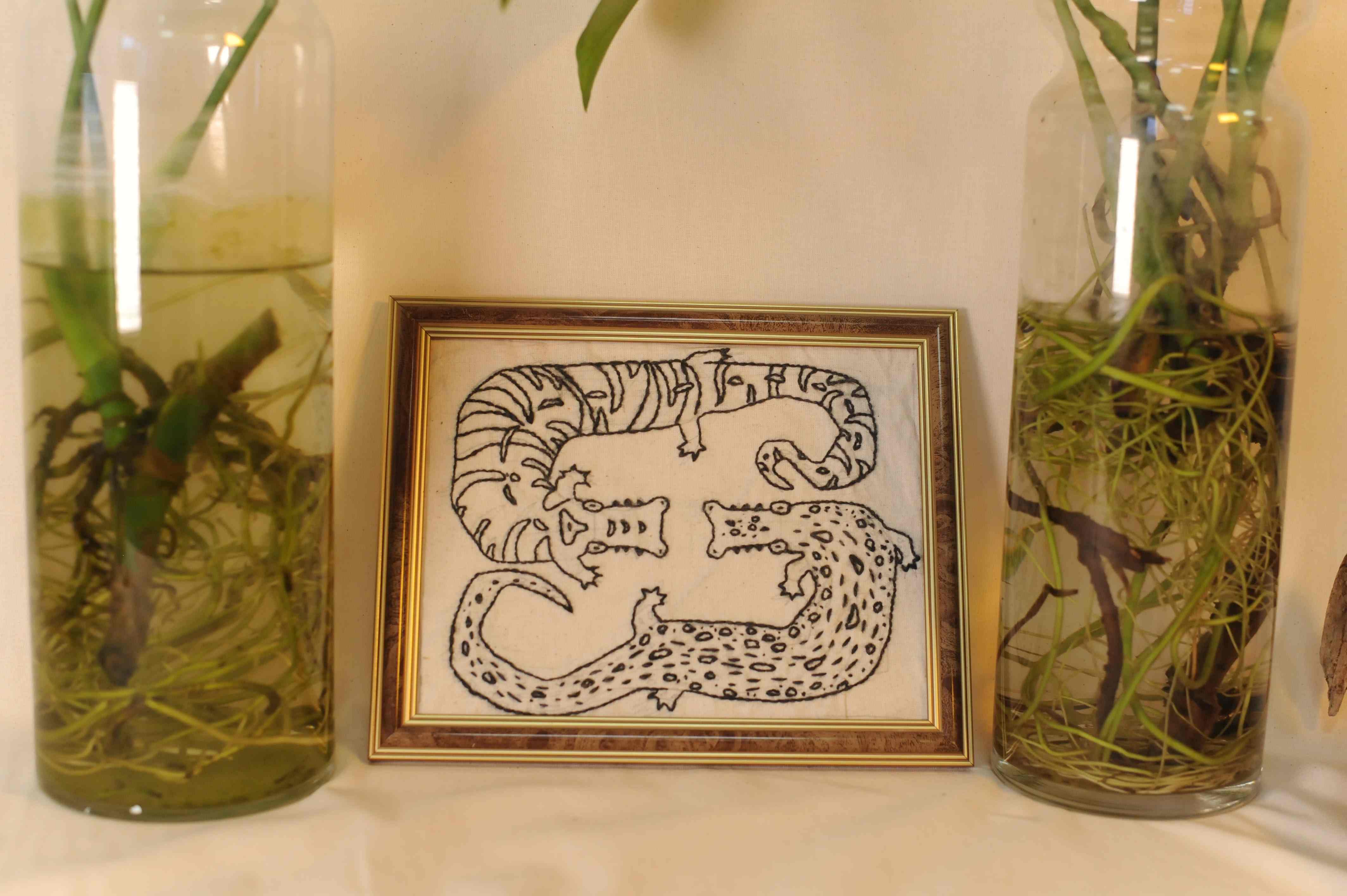 framed embroidery crocodiles